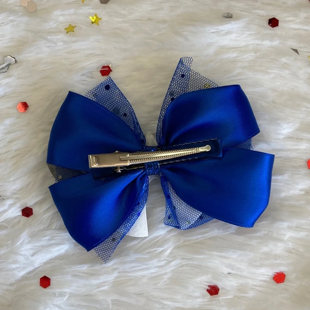 Handmade Star Hair Bow Kids Girls Blue Faux Leather